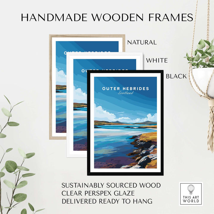 Handmade wooden frames in natural, white, and black for Outer Hebrides wall art, ready to hang with clear perspex glaze.