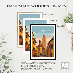 Parma Art Print - Italian Street Scene Poster - Italy Wall Art framed in handmade wooden frames in natural, white, and black.