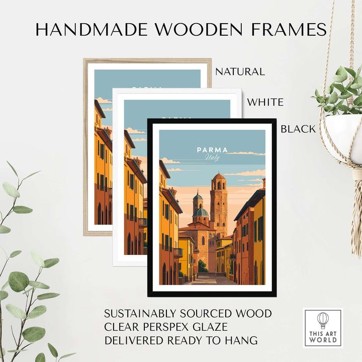 Handmade wooden frames in natural, white, and black for Italian street scene art print, ready to hang.