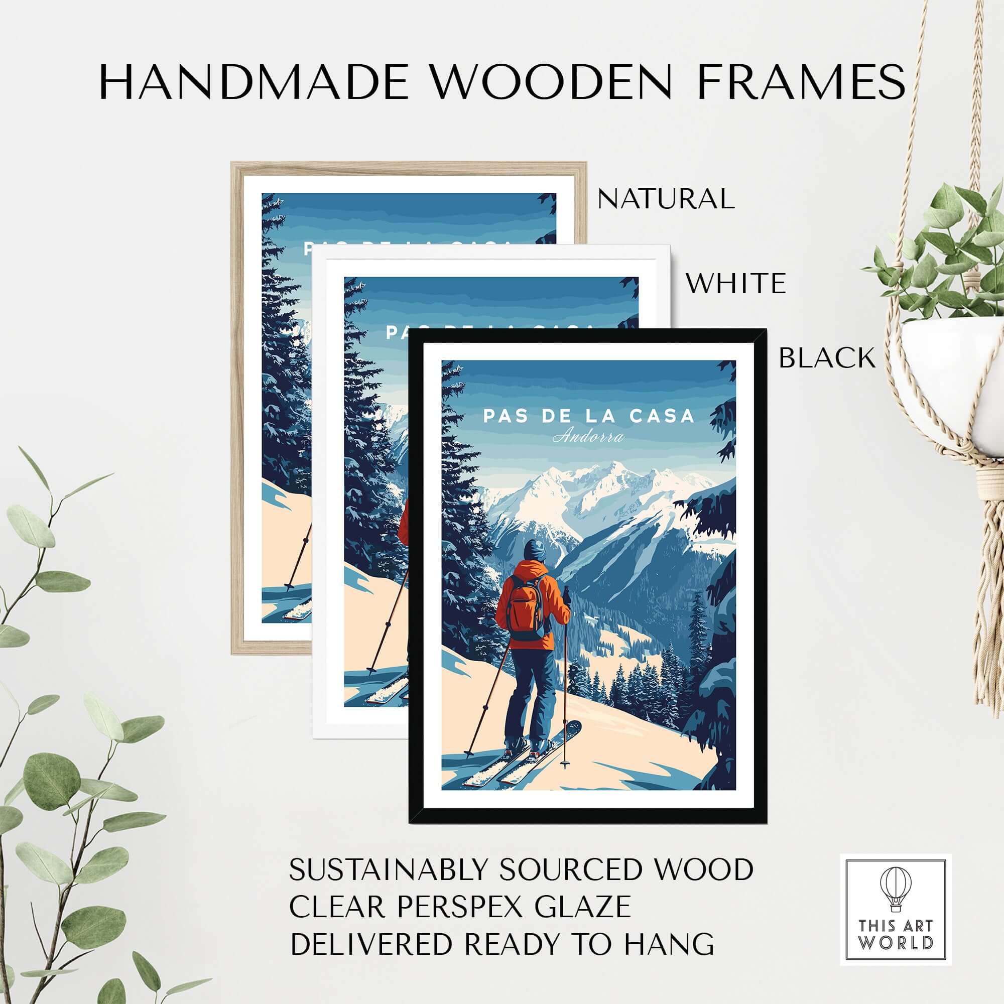 Handmade wooden frames in natural, white, and black for Pas de la Casa Poster Grandvalira Ski Print | Snow and Ski Wall Decor.