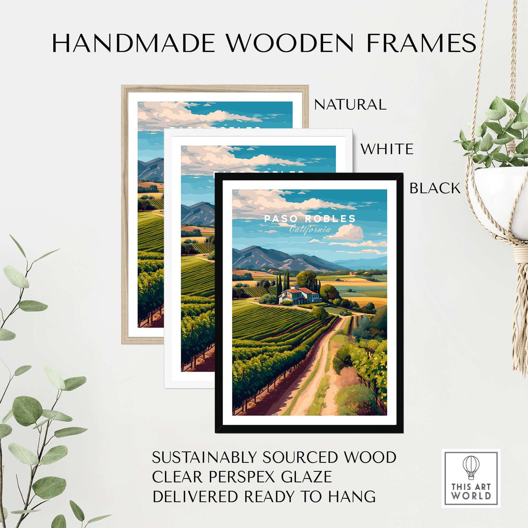 Paso Robles Farmhouse and Vines Print | California Wine Lover Wall Art in handmade wooden frames