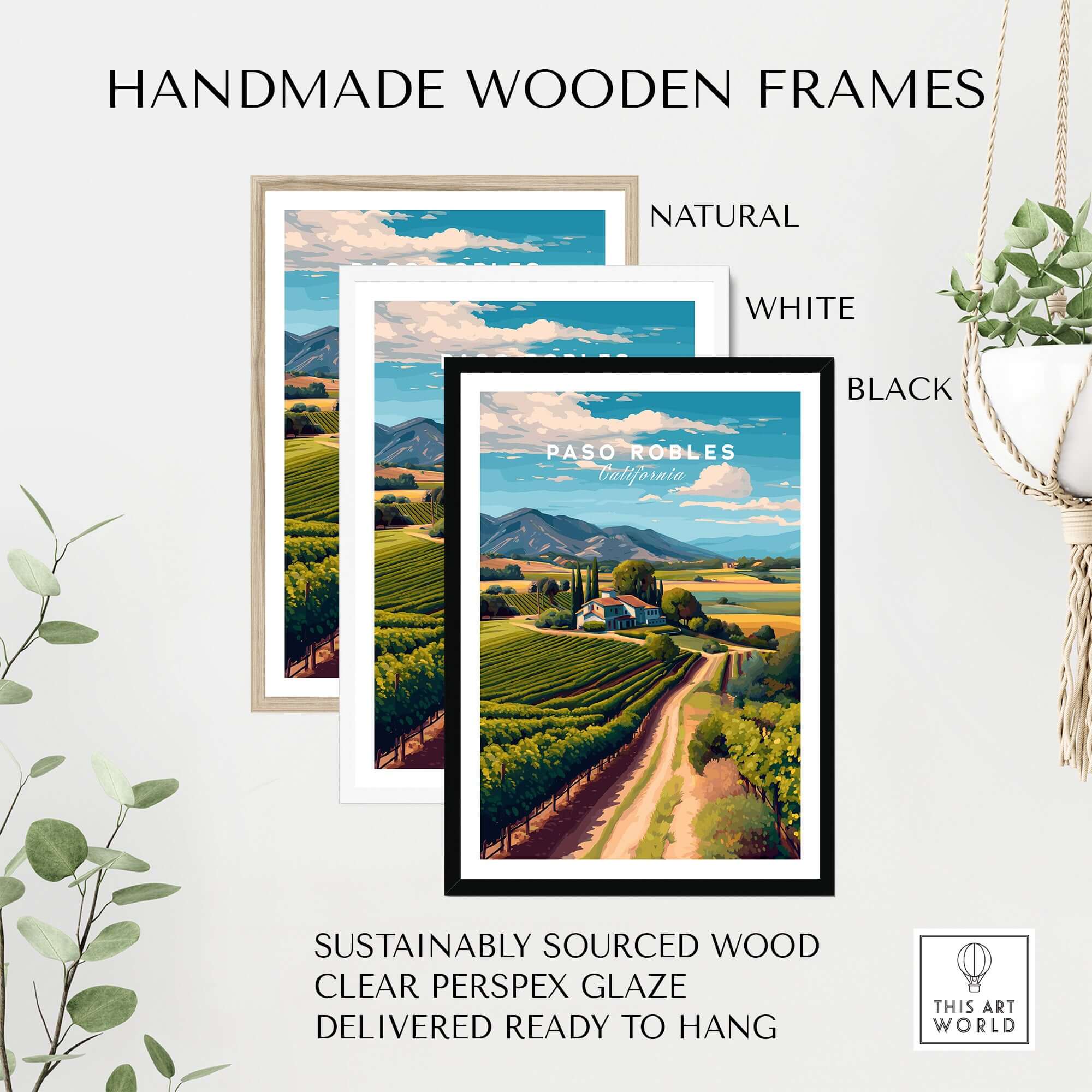 Paso Robles Farmhouse and Vines Print | California Wine Lover Wall Art in handmade wooden frames