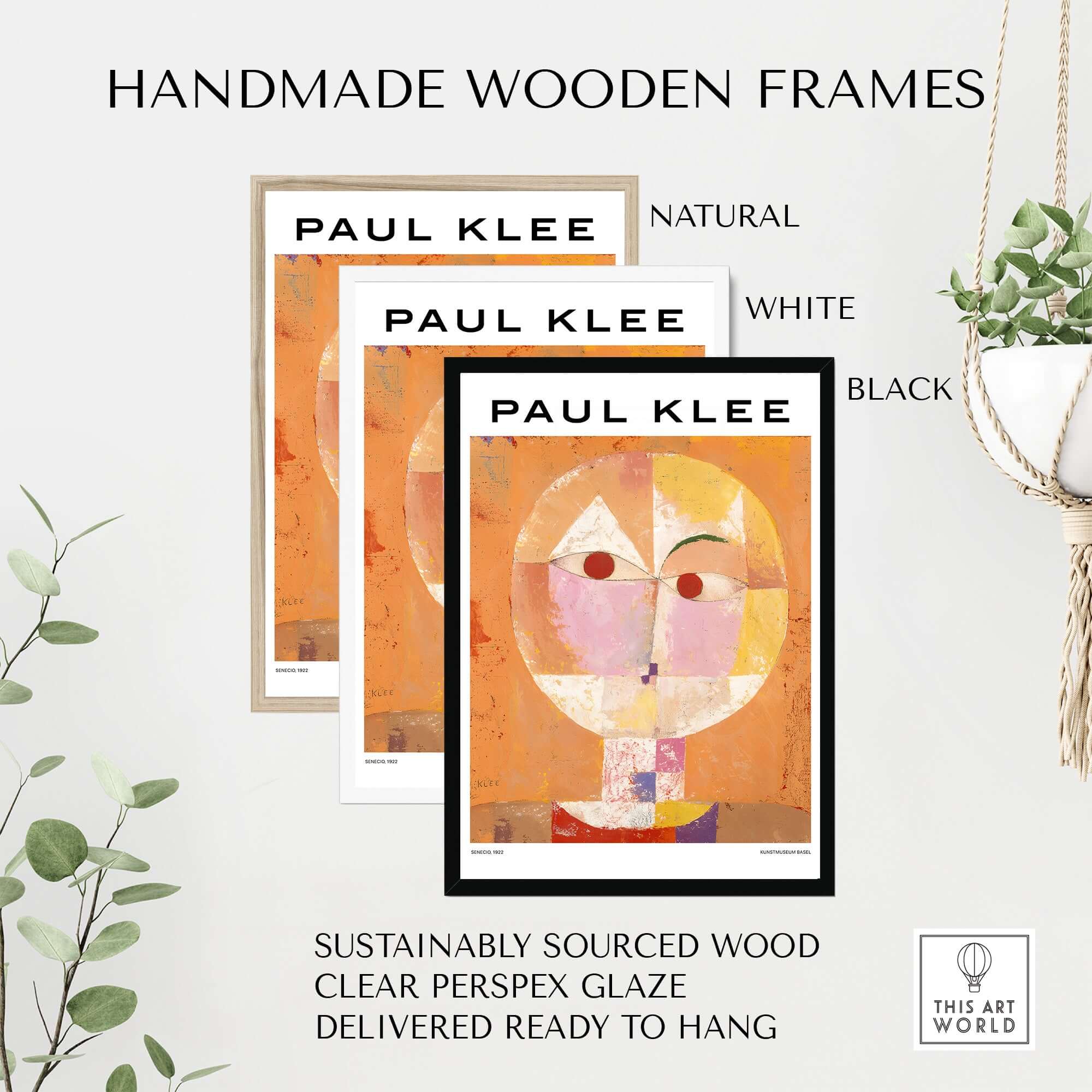 Paul Klee Senecio Head of Man Abstract Portrait Poster Art Print displayed in natural, white, and black handmade wooden frames.
