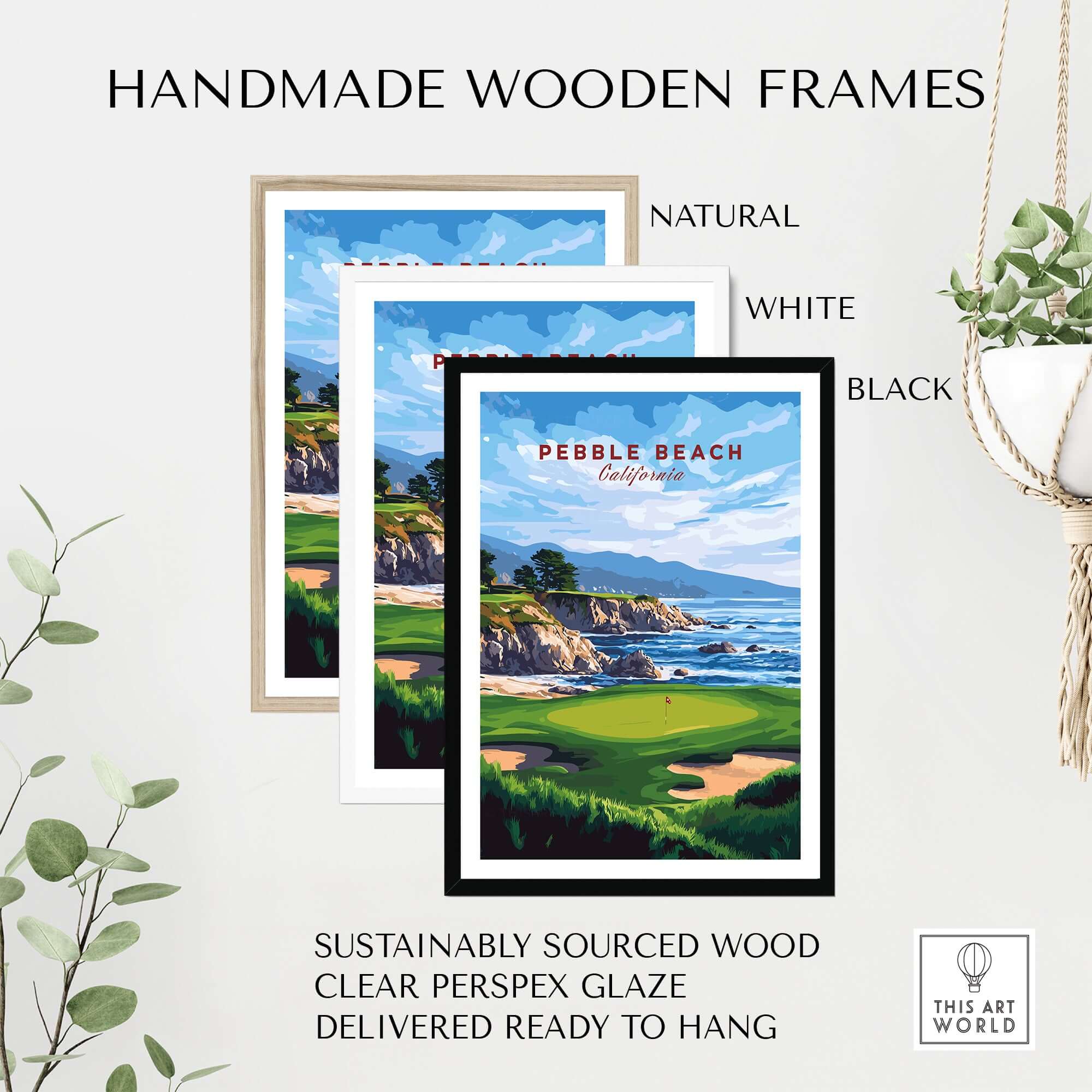 Pebble Beach Golf Print - California Golf Links Wall Art displayed in handmade wooden frames.