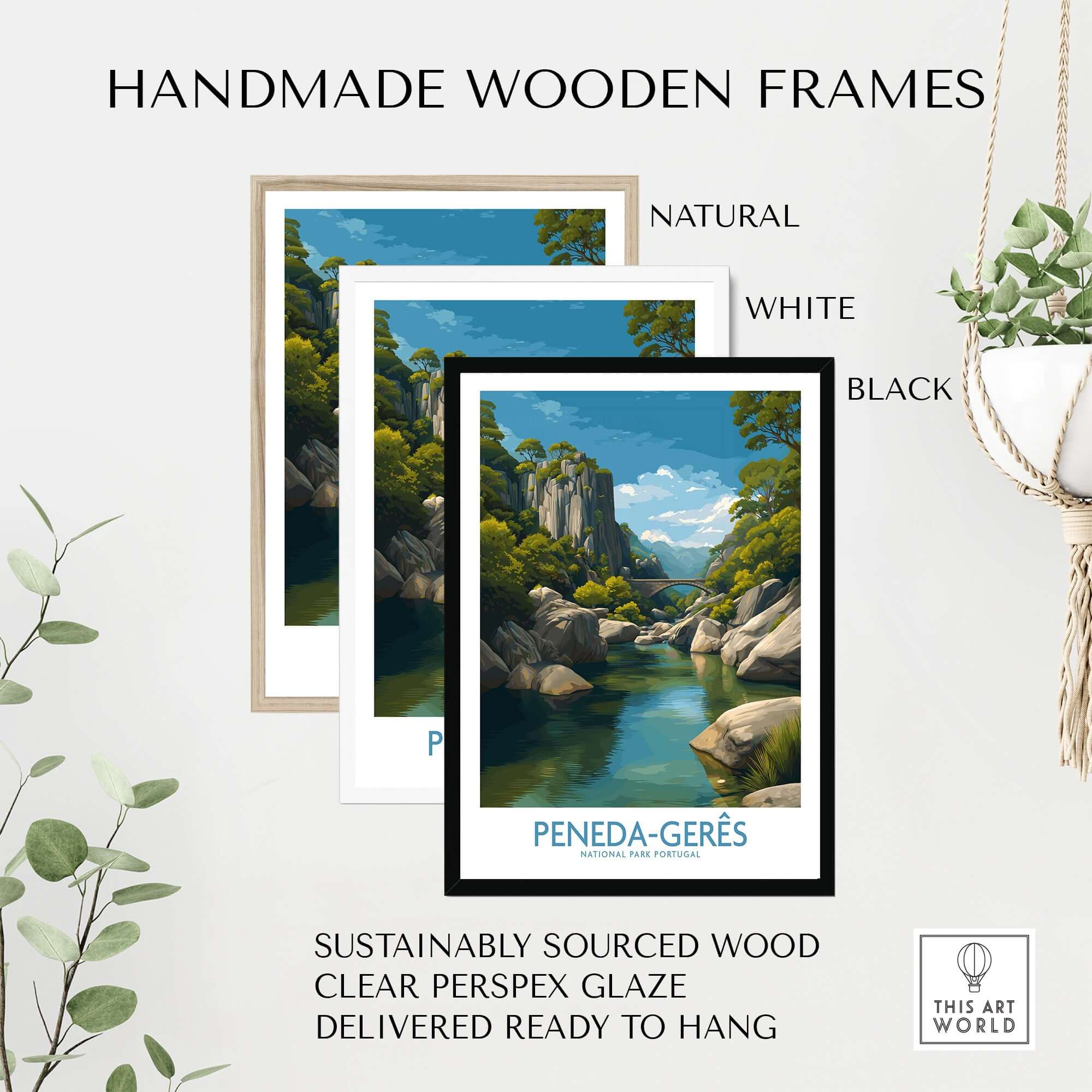 Handmade wooden frames in natural, white, and black for Peneda-Gerês Portugal Art Print | River Valley Landscape Poster.