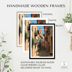 Perpignan Poster - French Village Art Print - Wall Decor framed in natural, white, and black handmade wooden frames.