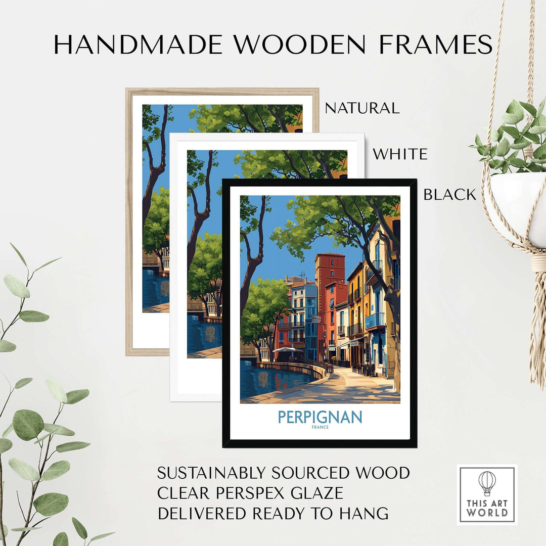 Three handmade wooden frames in natural, white, and black showcasing a Perpignan travel print.