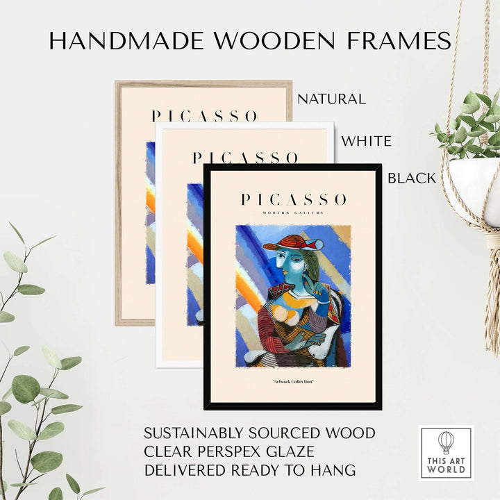 Handmade wooden frames in natural, white, and black for Picasso prints, featuring clear Perspex glaze and sustainable wood.