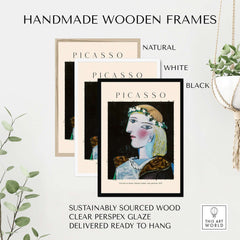 Handmade wooden frames in natural, white, and black for Picasso art prints, sustainably sourced and ready to hang.