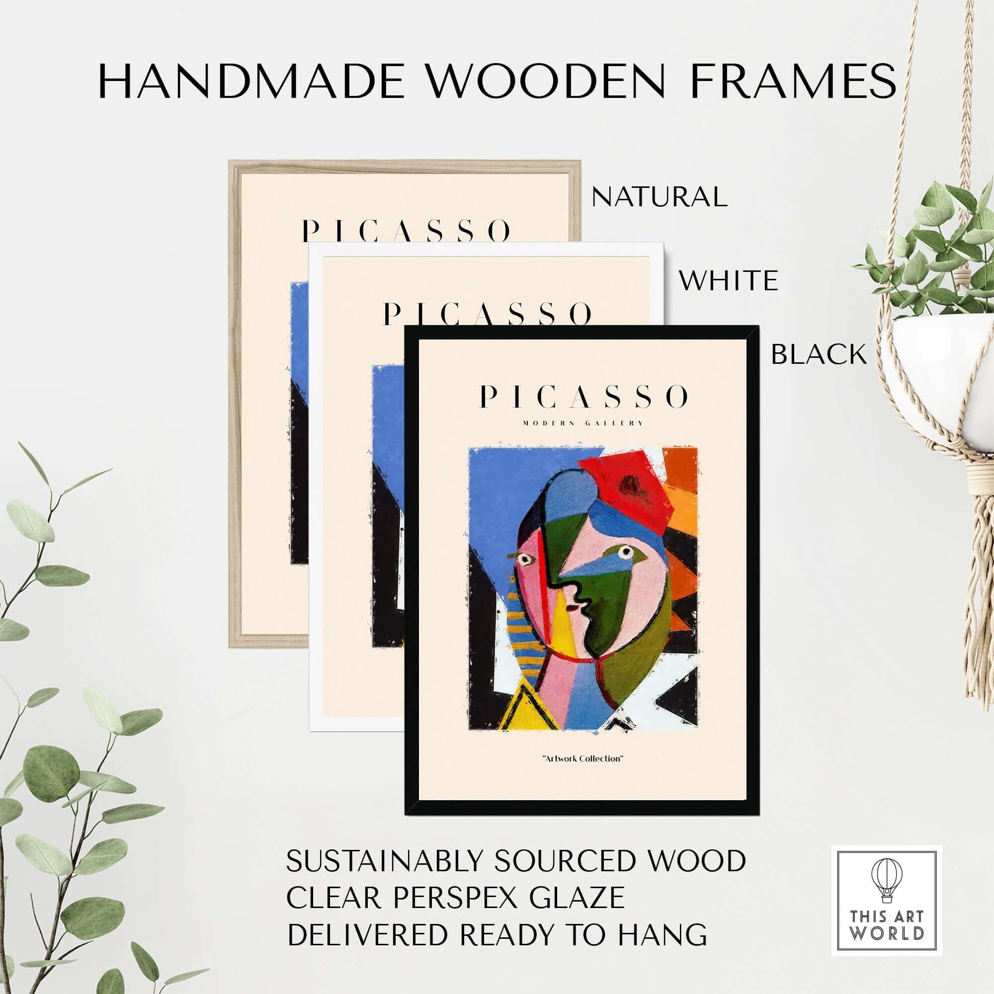 Handmade wooden frames in natural, white, and black, featuring Picasso art print, sustainably sourced wood, ready to hang.