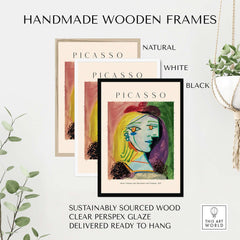 Handmade wooden frames for Picasso art prints in natural, white, and black finishes, sustainably sourced wood.