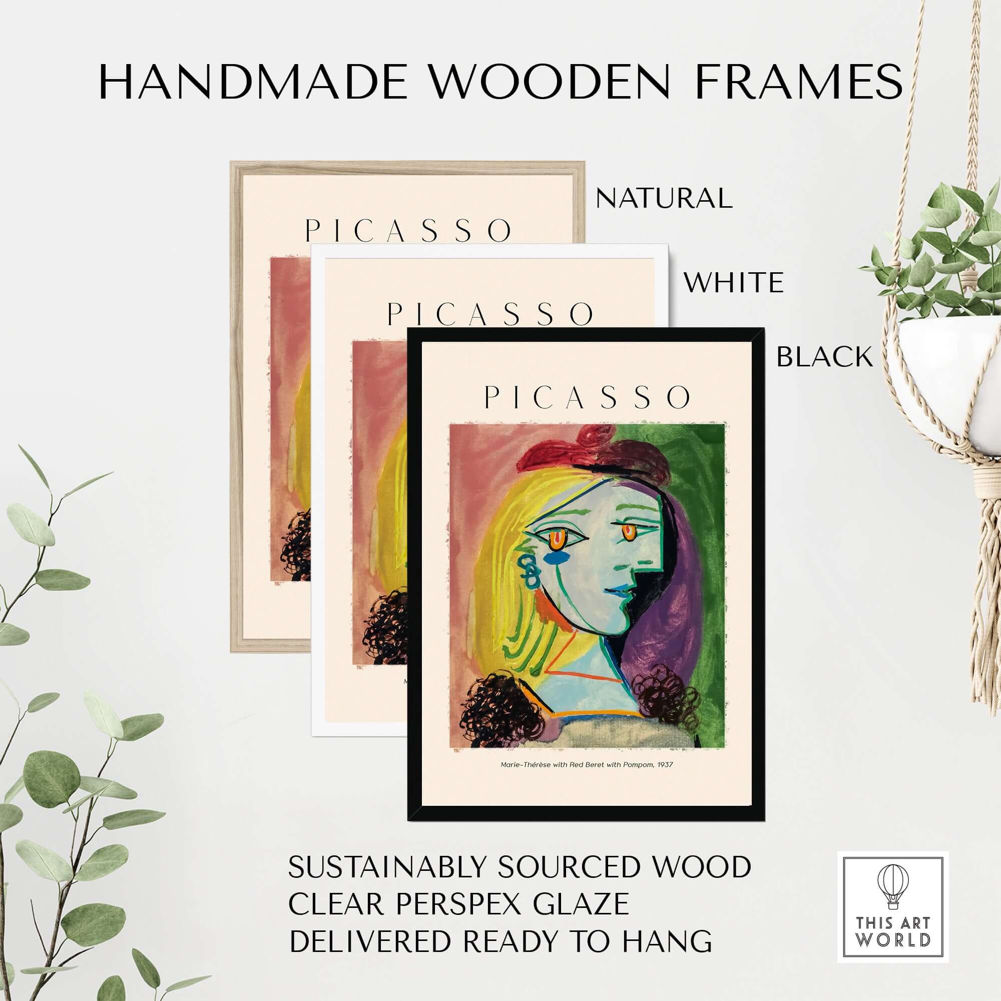 Handmade wooden frames for Picasso art prints in natural, white, and black finishes, sustainably sourced wood.