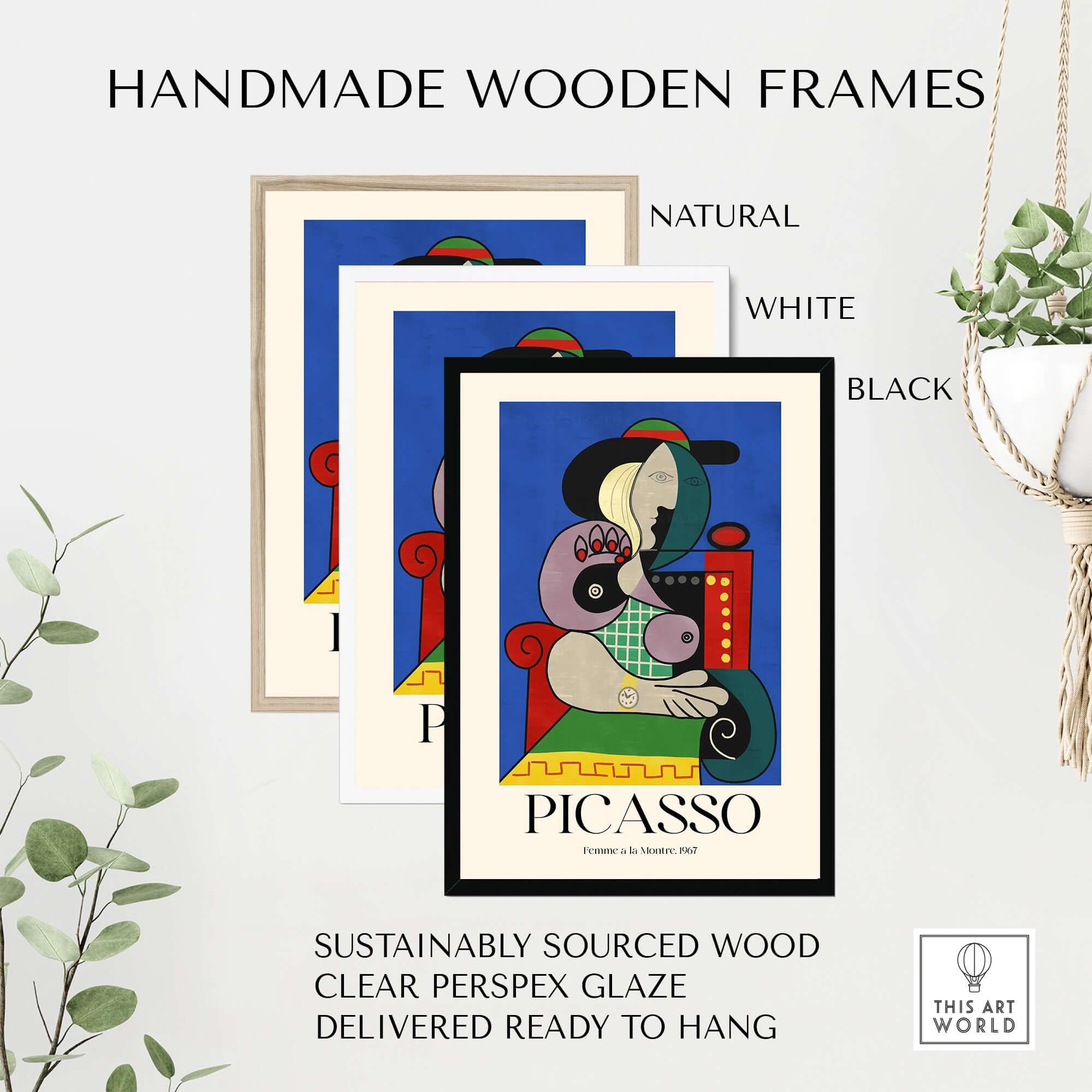 Handmade wooden frames for Picasso Femme a la Montre Woman Watch 1967 Art Print Cubist Poster in natural, white, and black.