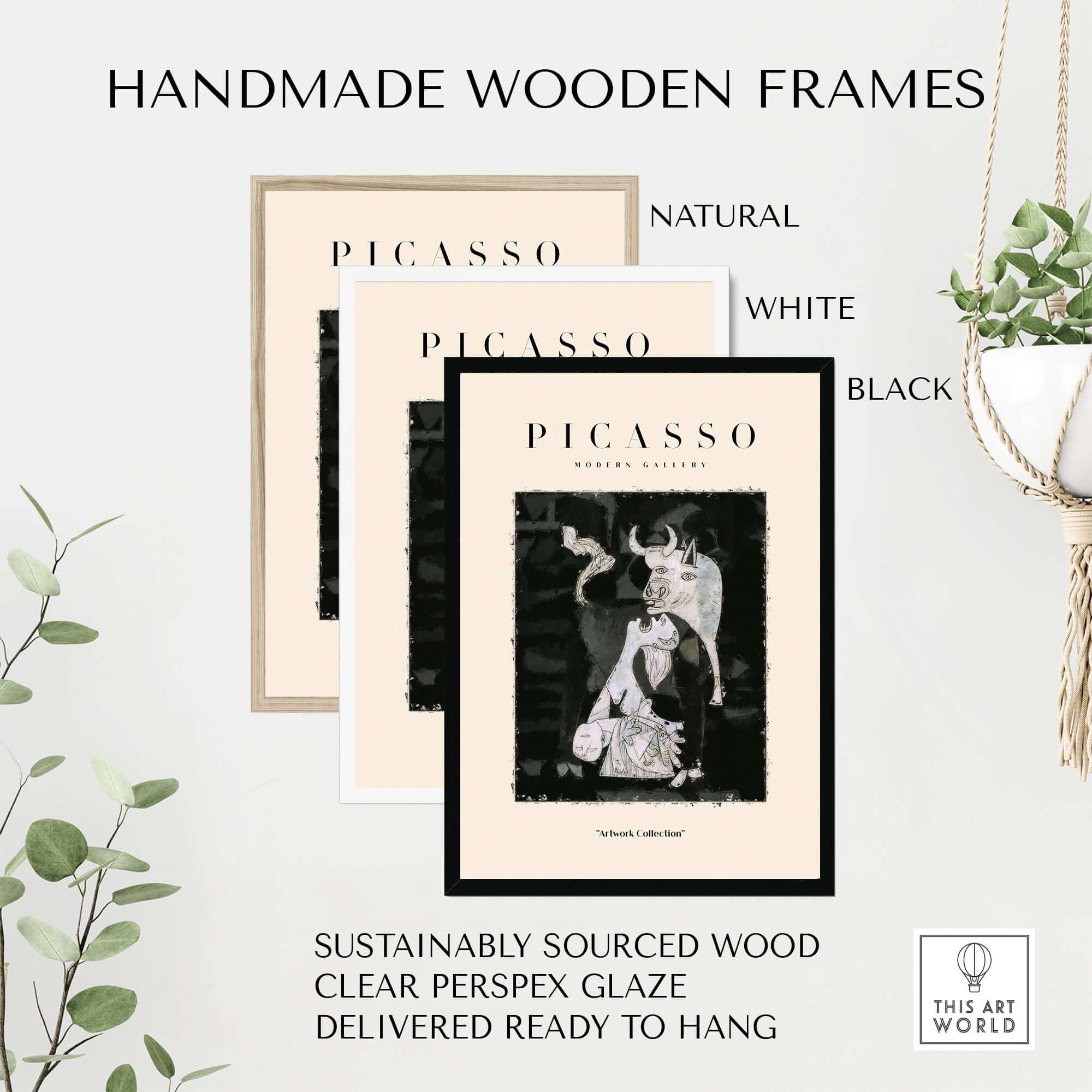 Handmade wooden frames in natural, white, and black for Picasso Guernica Inspired Bull Mother Figure Art Print Abstract Black White Poster Collection.