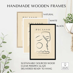 Handmade wooden frames in natural, white, and black colors featuring Picasso Line Art Abstract Profile Geometric Modern Gallery Wall Art Print.