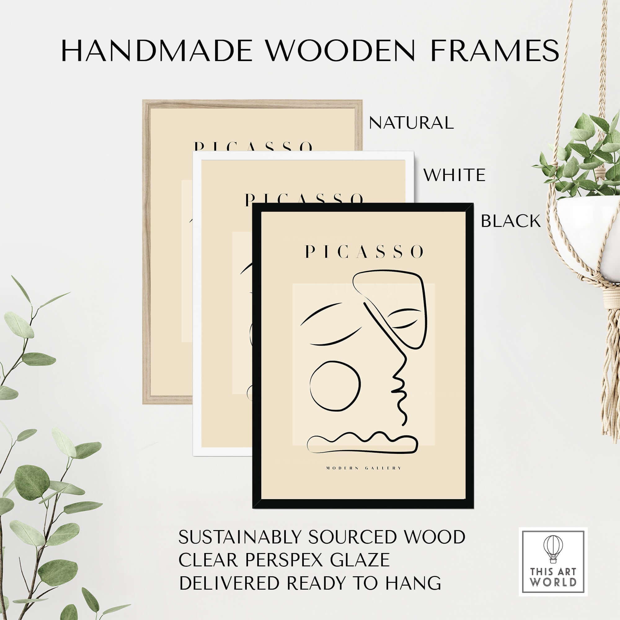 Handmade wooden frames in natural, white, and black colors featuring Picasso Line Art Abstract Profile Geometric Modern Gallery Wall Art Print.