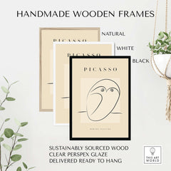 Handmade wooden frames in natural, white, and black for Picasso Abstract Owl Line Art Minimalist Bird Poster Modern Gallery Wall Art.