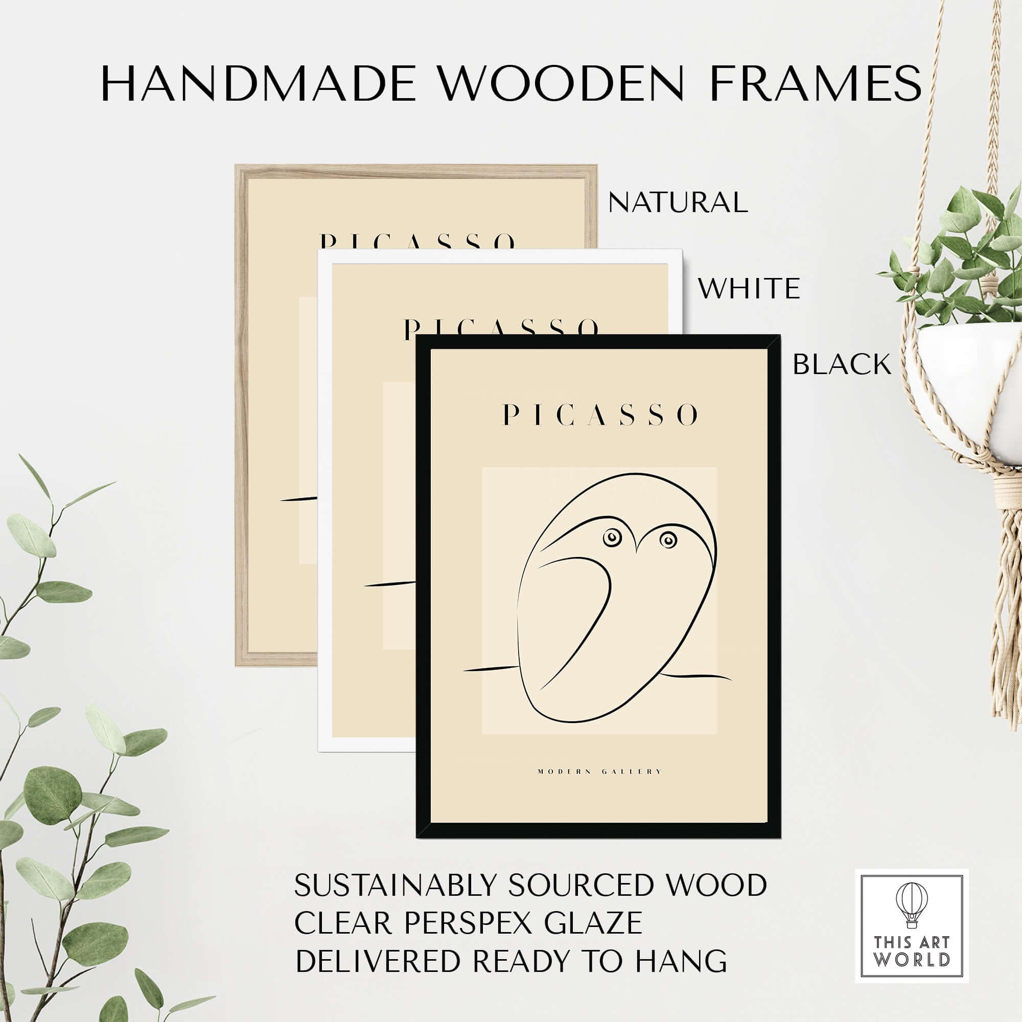 Handmade wooden frames in natural, white, and black for Picasso Abstract Owl Line Art Minimalist Bird Poster Modern Gallery Wall Art.
