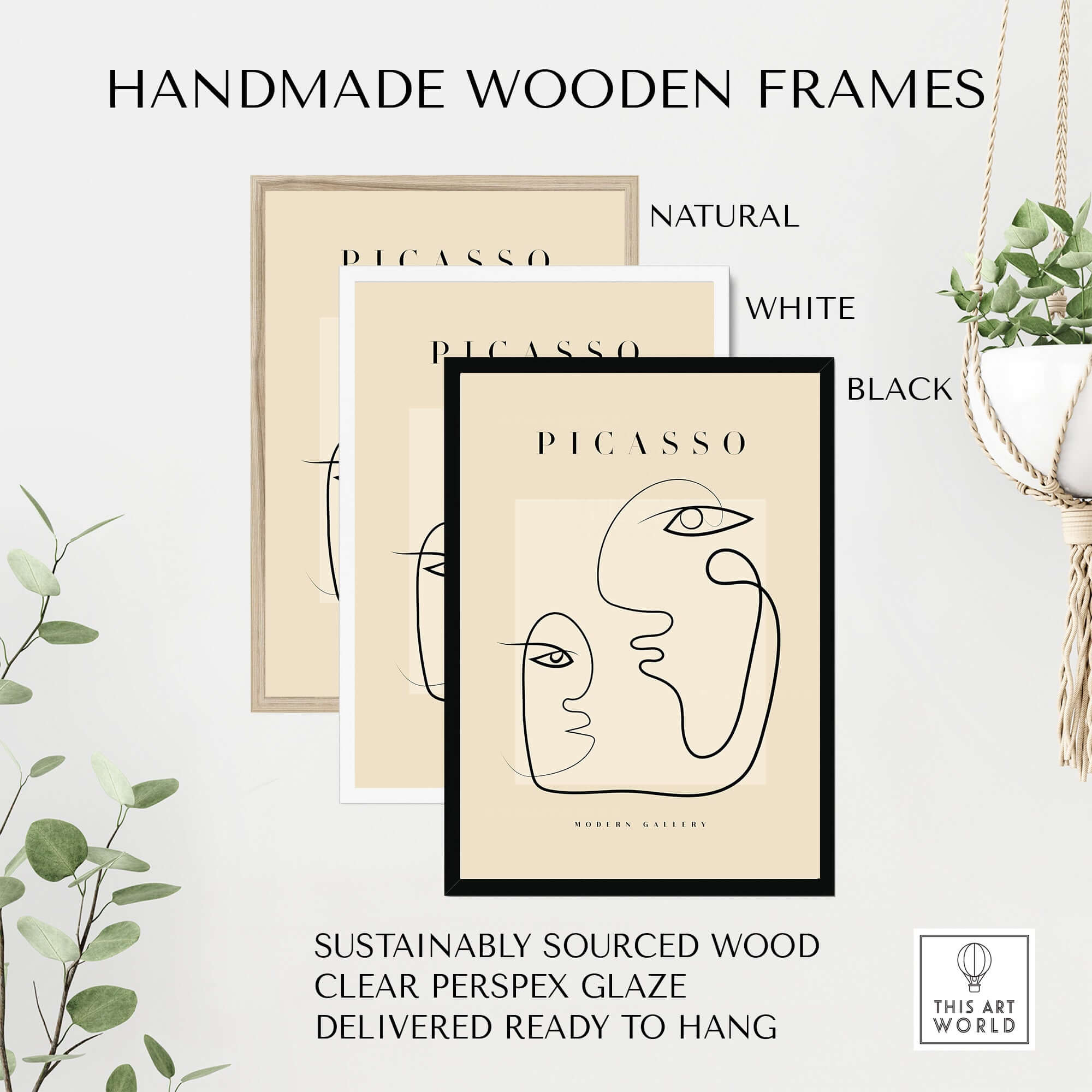 Picasso Interacting Abstract Faces Line Art Modern Gallery Minimalist Print Poster framed in handmade wooden frames.