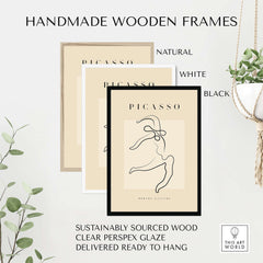 Handmade wooden frames for Picasso Dancing Figure Line Art Abstract Motion Poster Modern Gallery Print in natural, white, and black.