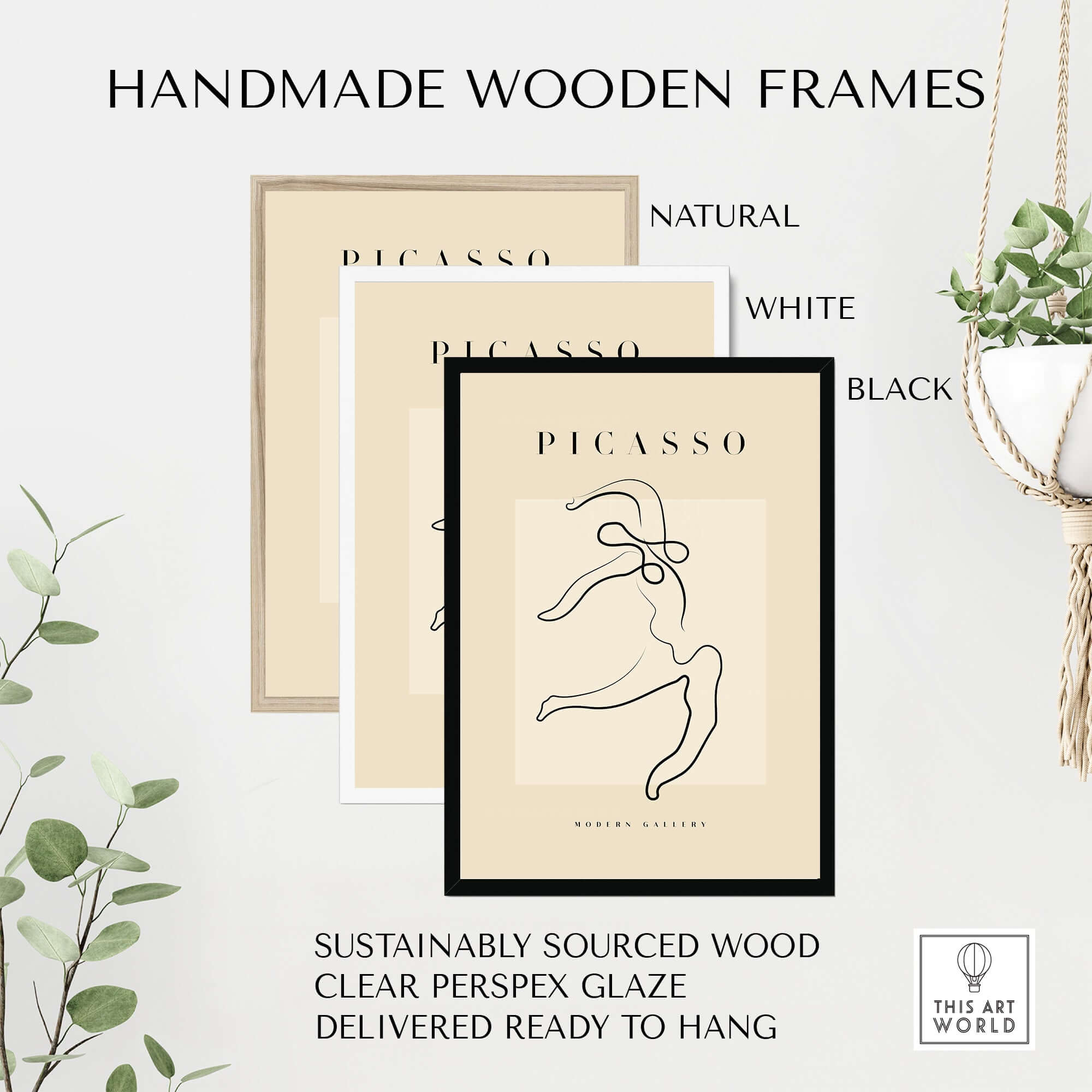Handmade wooden frames for Picasso Dancing Figure Line Art Abstract Motion Poster Modern Gallery Print in natural, white, and black.