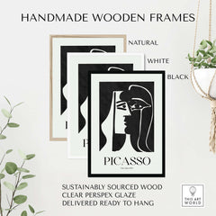Handmade wooden frames for Picasso The Kiss 1979 Black White Abstract Profile Poster Art Print Wall Decor in natural, white, and black.