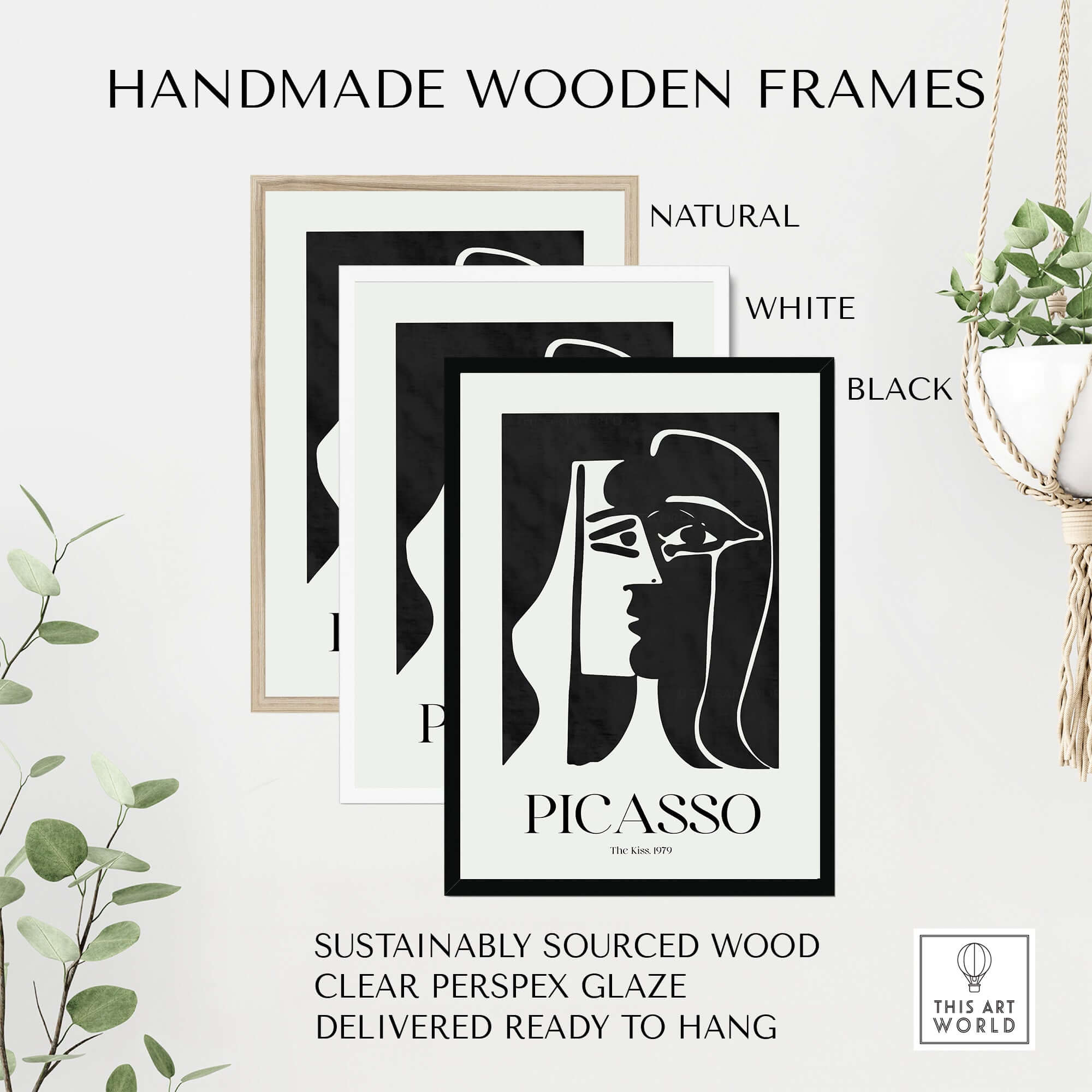 Handmade wooden frames for Picasso The Kiss 1979 Black White Abstract Profile Poster Art Print Wall Decor in natural, white, and black.