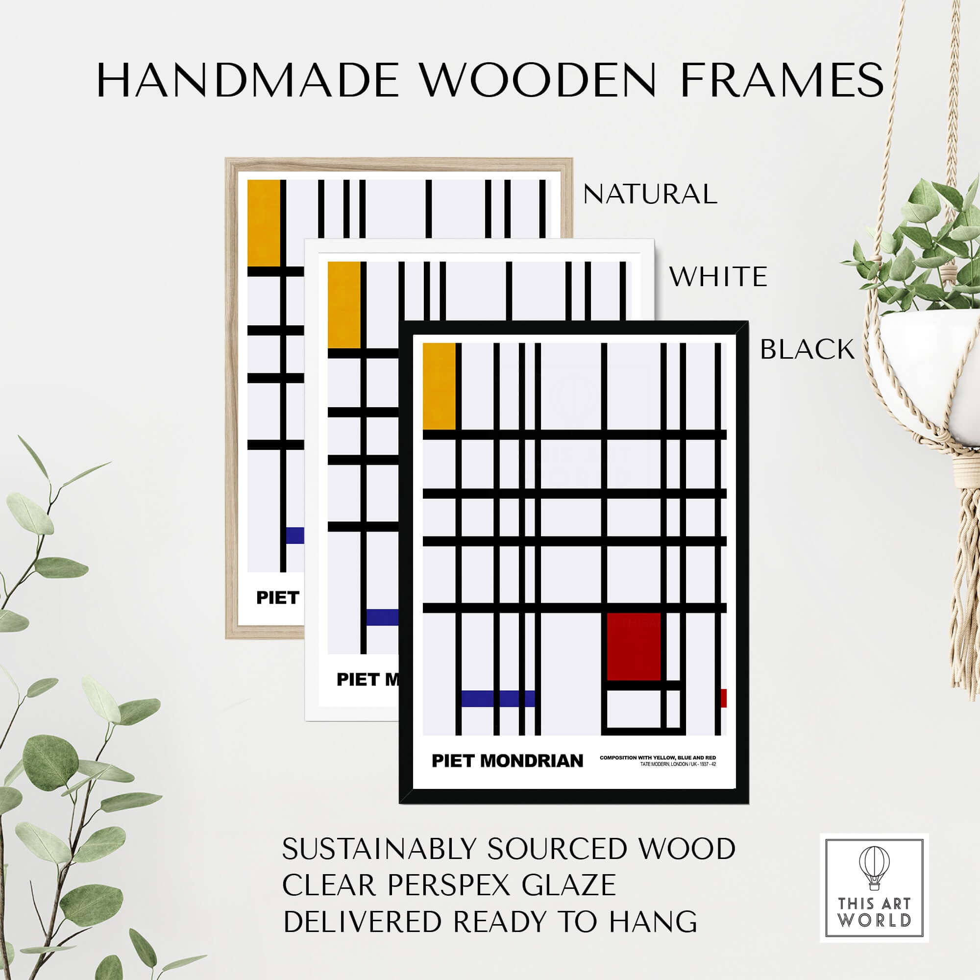 Piet Mondrian Composition Yellow Blue Red 1937 Abstract Grid Art Print Poster Lines in handmade wooden frames.