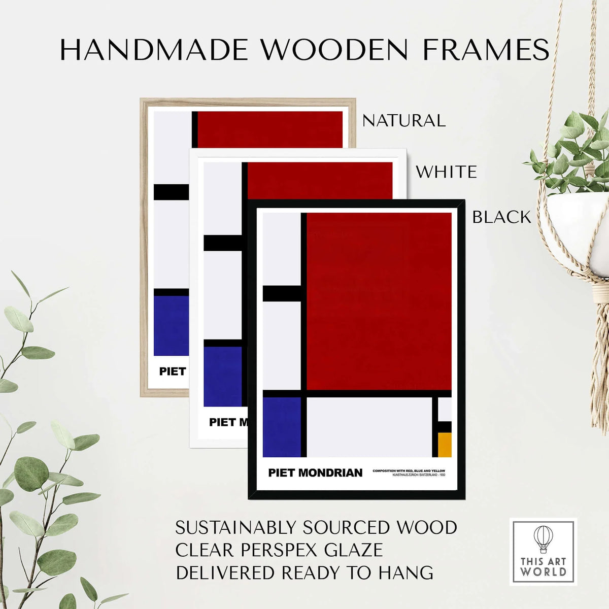 Handmade wooden frames in natural, white, and black for Piet Mondrian Composition Red Blue Yellow 1930 Abstract Art Print Poster Geometric.