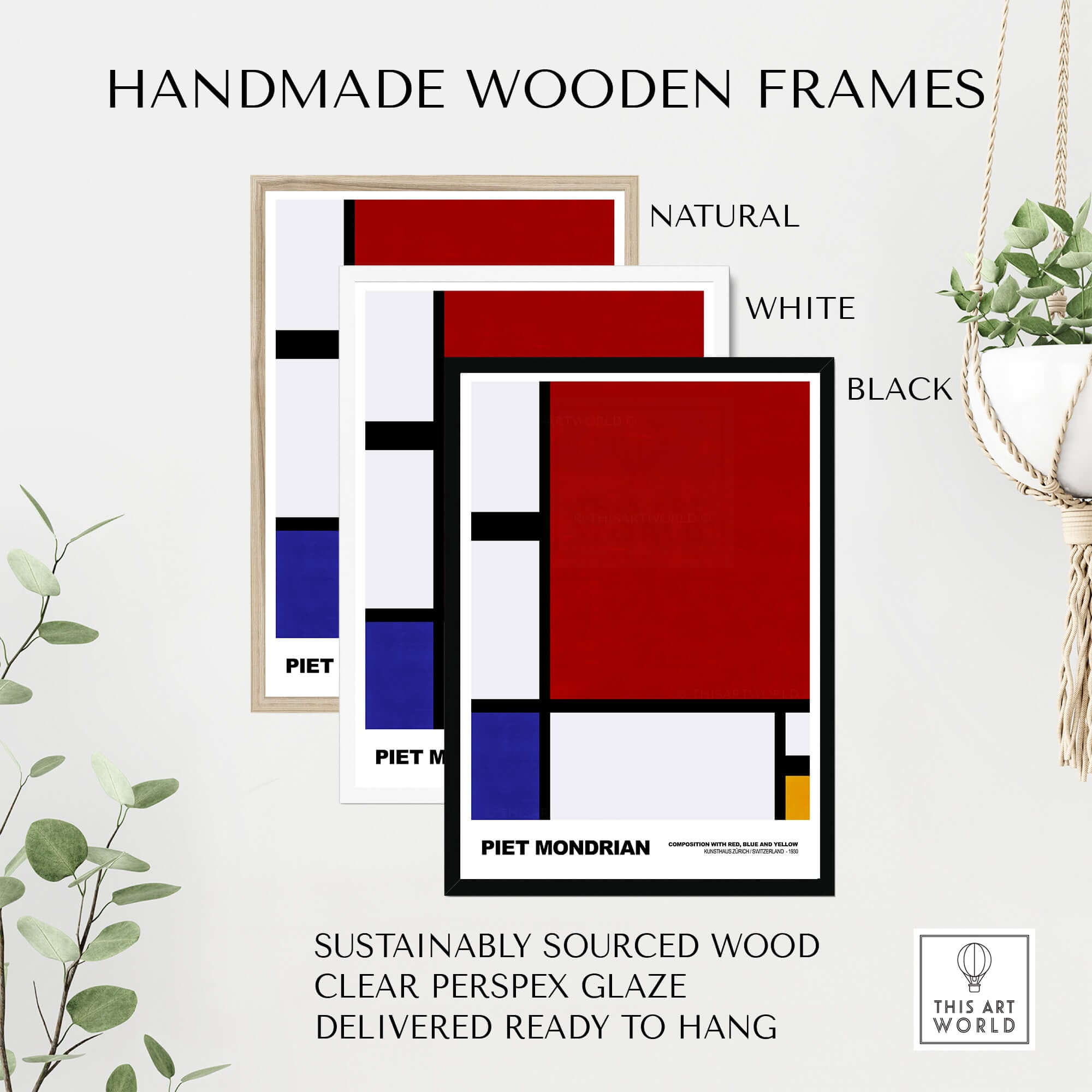 Handmade wooden frames in natural, white, and black for Piet Mondrian Composition Red Blue Yellow 1930 Abstract Art Print Poster Geometric.
