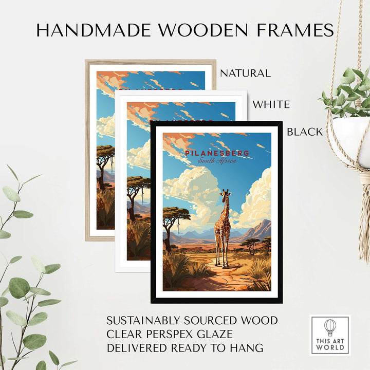 Handmade wooden frames in natural, white, and black colors for Pilanesberg giraffe safari print, ready to hang.