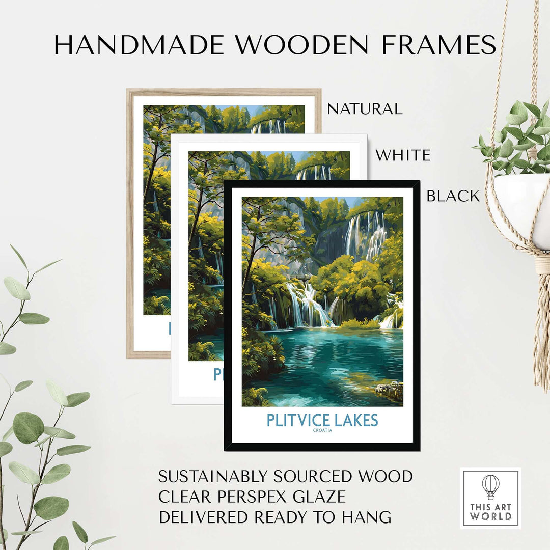 Handmade wooden frames in natural, white, and black for Plitvice Lakes waterfall poster, showcasing quality craftsmanship.