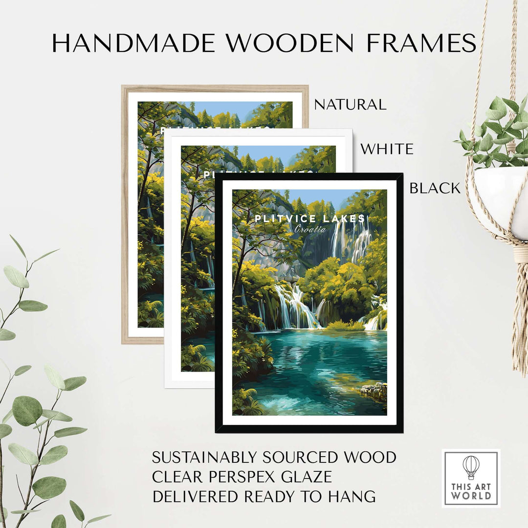 Handmade wooden frames for Plitvice Lakes print in natural, white, and black finishes, featuring sustainable materials.