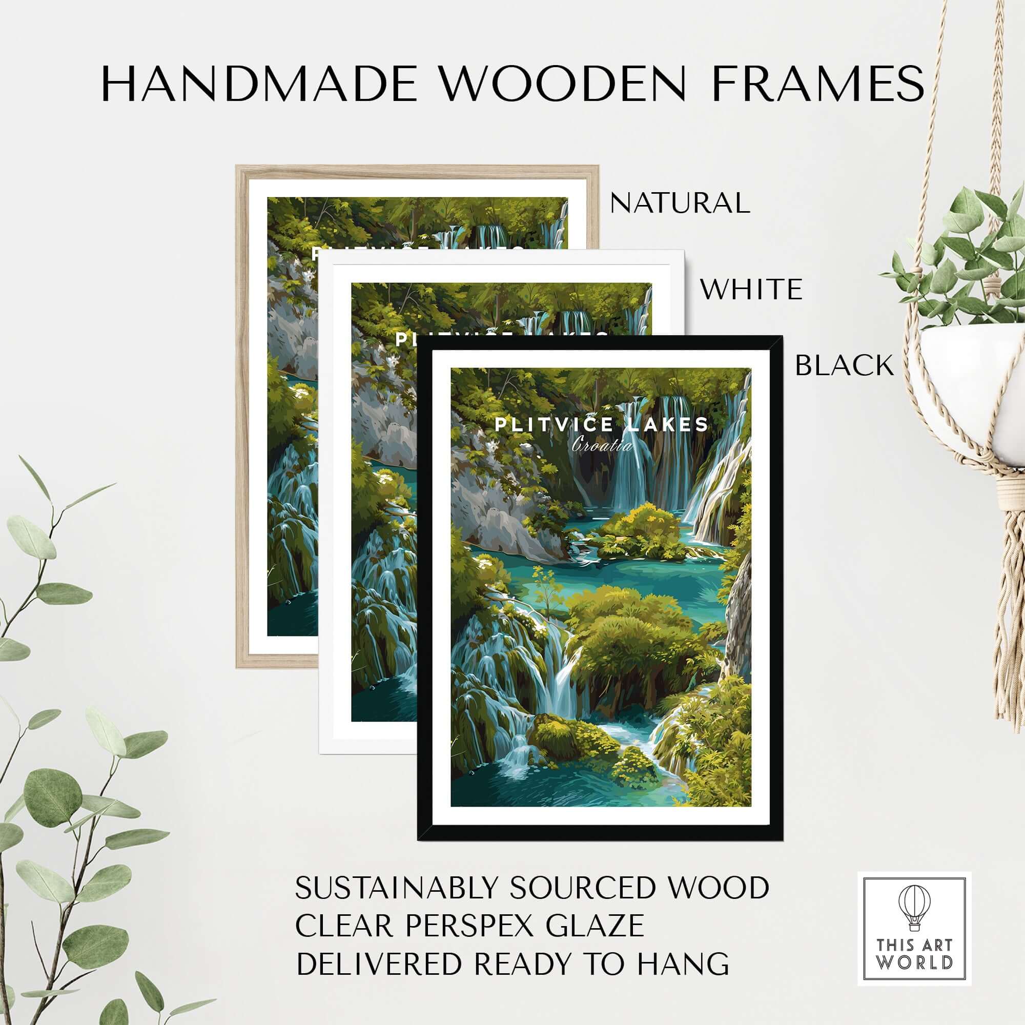 Plitvice Lakes Home Decor, Croatia National Park Poster, Natural Landscape Wall Art in handmade wooden frames