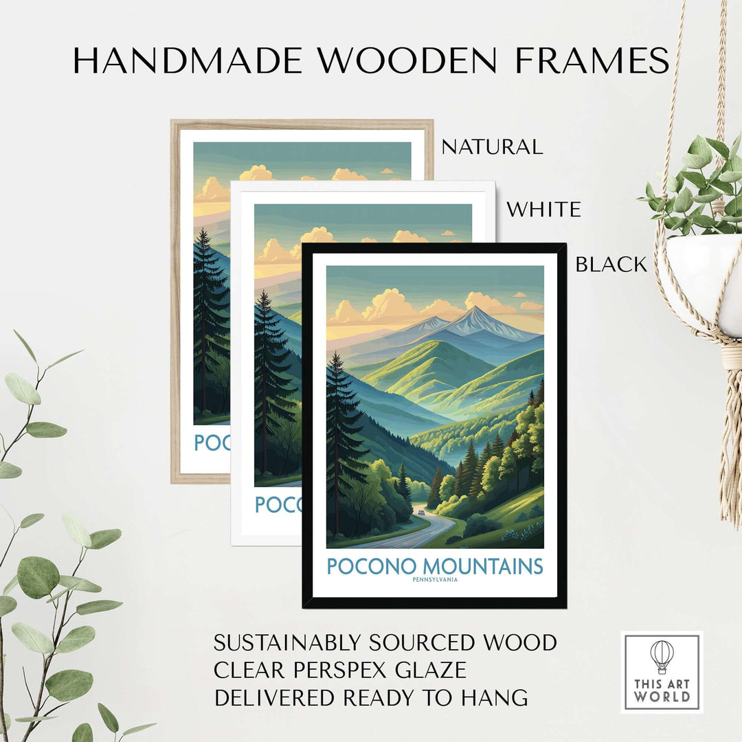 Handmade wooden frames in natural, white, and black for Pocono Mountains print, ready to hang, sustainably sourced wood.