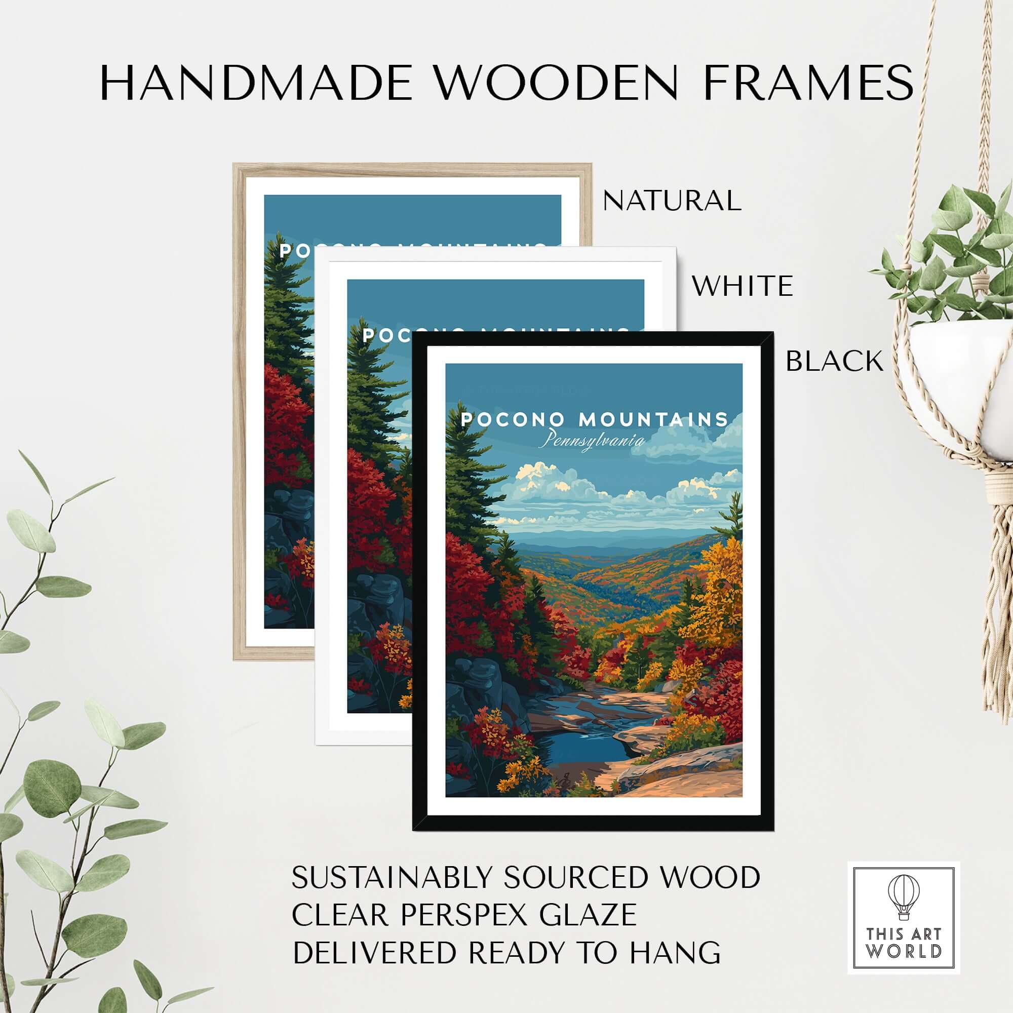 Pocono Mountains Pennsylvania Mountain Vista Poster - Scenic Valley Wall Art displayed in handmade wooden frames.