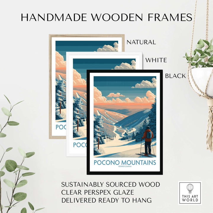 Handmade wooden frames in natural, white, and black for Pocono Mountains ski print, made from sustainably sourced wood.