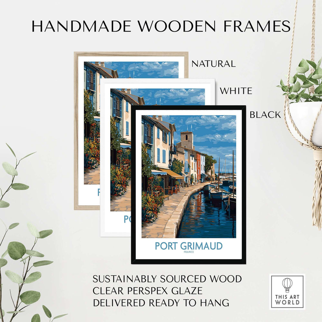 Handmade wooden frames for Port Grimaud art print in natural, white, and black finish, sustainably sourced wood.