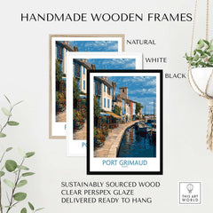 Port Grimaud Marina Poster - French Riviera Art Print - Coastal Wall Art displayed in handmade wooden frames.