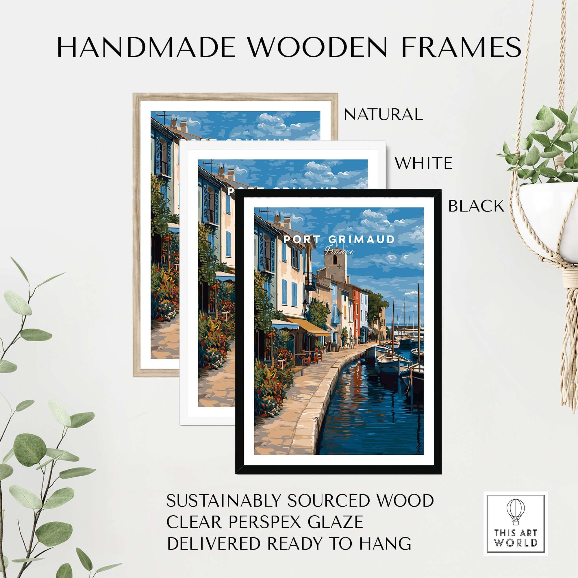 Port Grimaud Poster - Venice of Provence Wall Art - Colorful Buildings and Canal Print in handmade wooden frames.