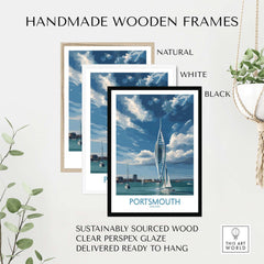 Handmade wooden frames in natural, white, and black colors featuring Portsmouth England Spinnaker Tower Art Print.