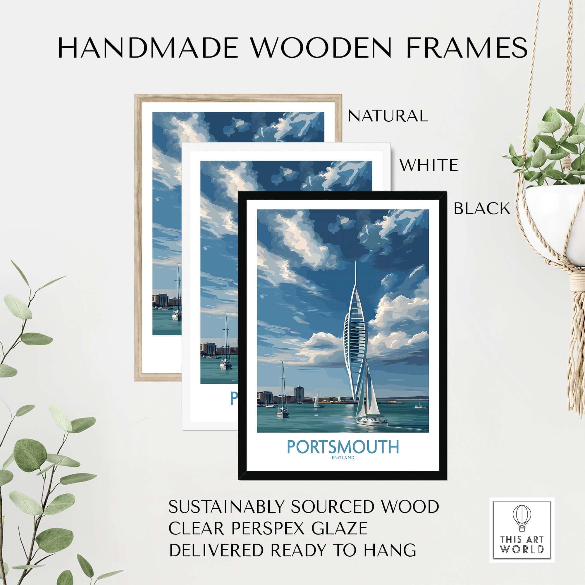 Handmade wooden frames in natural, white, and black colors featuring Portsmouth England Spinnaker Tower Art Print.