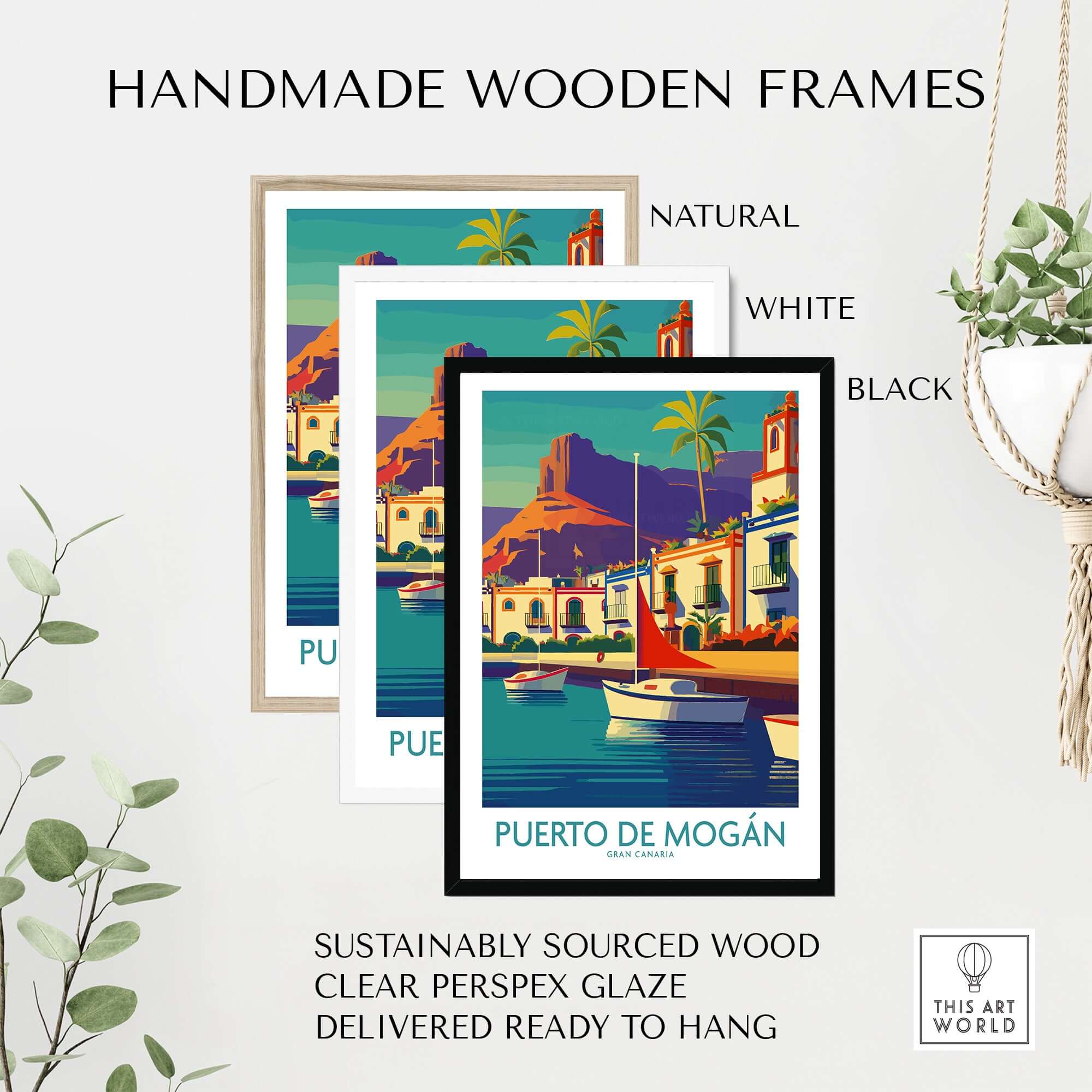 Handmade wooden frames for Puerto de Mogán Poster - Gran Canaria Travel Print - Sailboats Wall Art, showcasing natural, white, and black options.