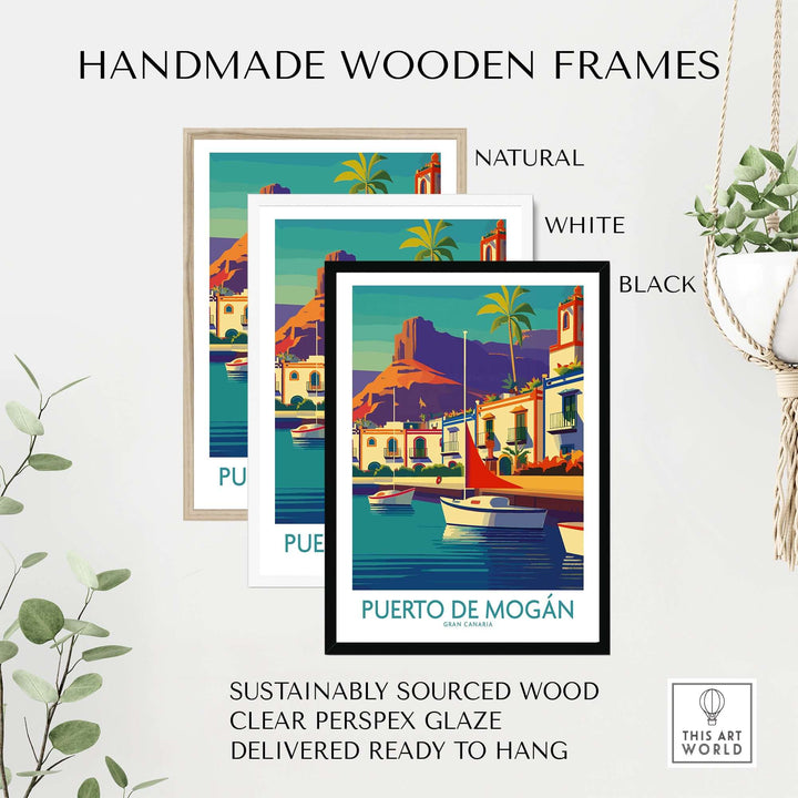 Puerto de Mogán poster with handmade wooden frames in natural, white, and black styles showcasing a coastal scene.