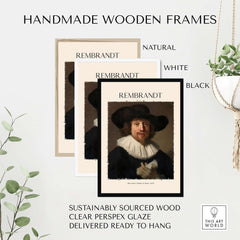 Handmade wooden frames in natural, white, and black for Rembrandt art prints, sustainably sourced wood and ready to hang.