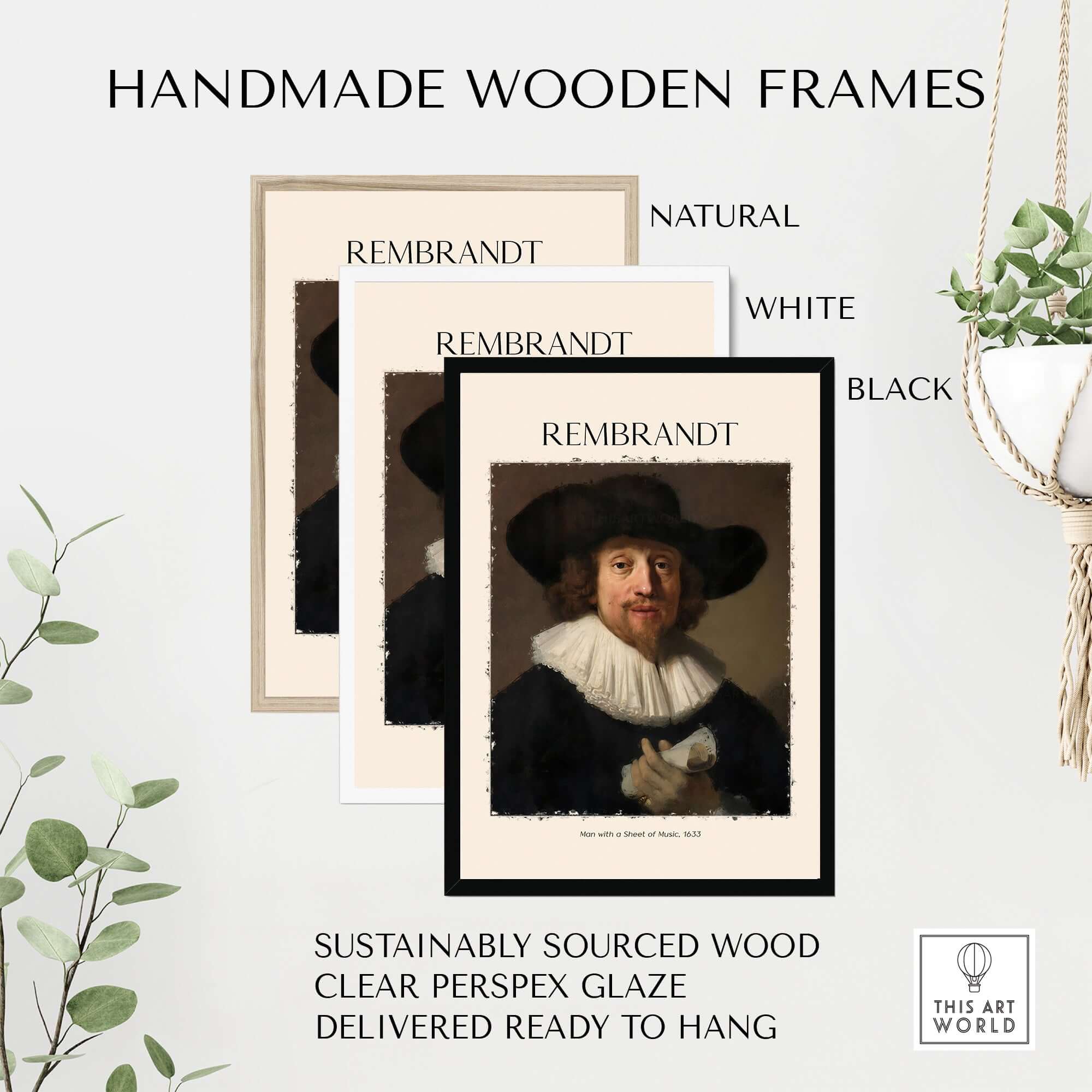 Handmade wooden frames in natural, white, and black for Rembrandt art prints, sustainably sourced wood and ready to hang.