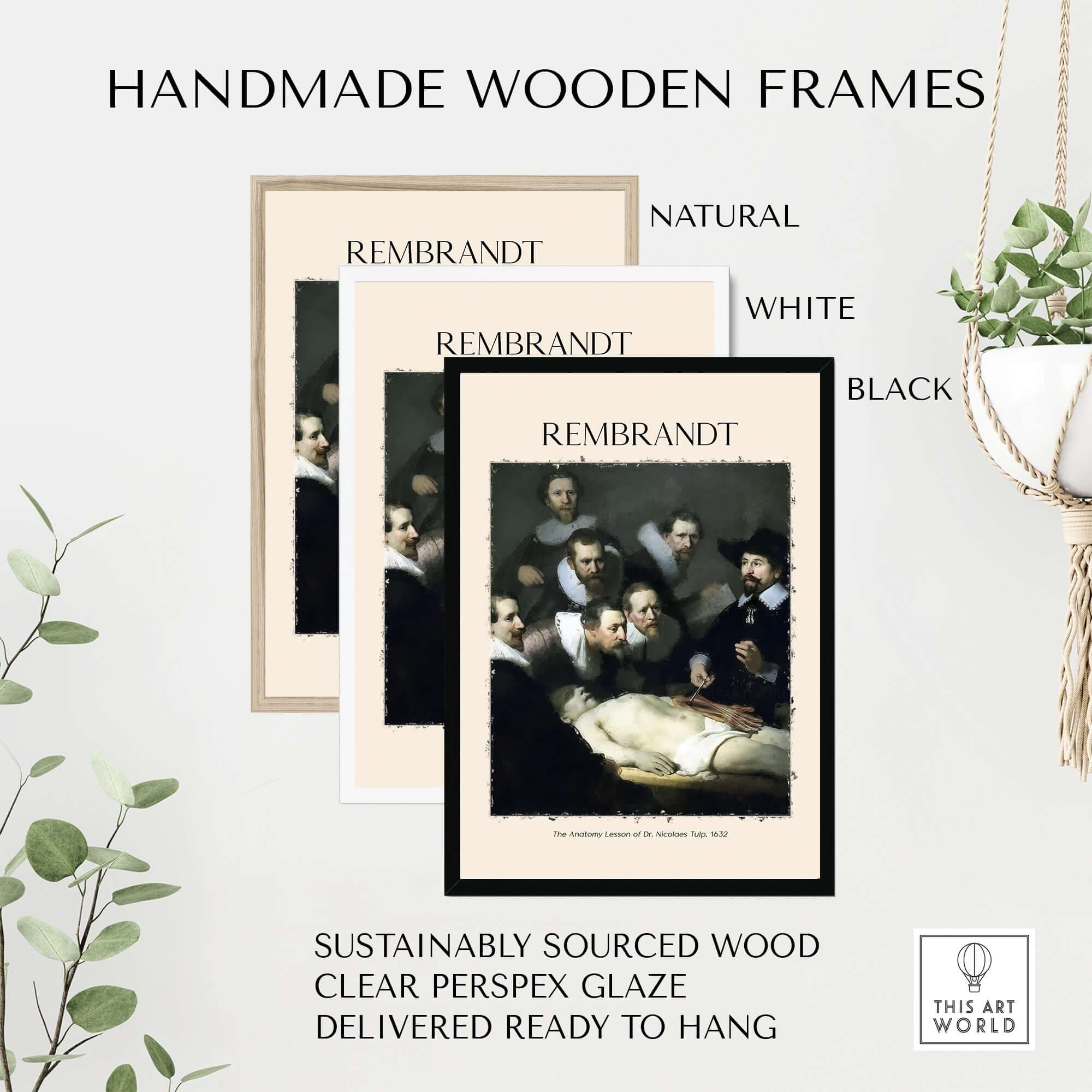 Handmade wooden frames in natural, white, and black for Rembrandt Anatomy Lesson Dr Tulp 1632 Group Portrait Art Print.