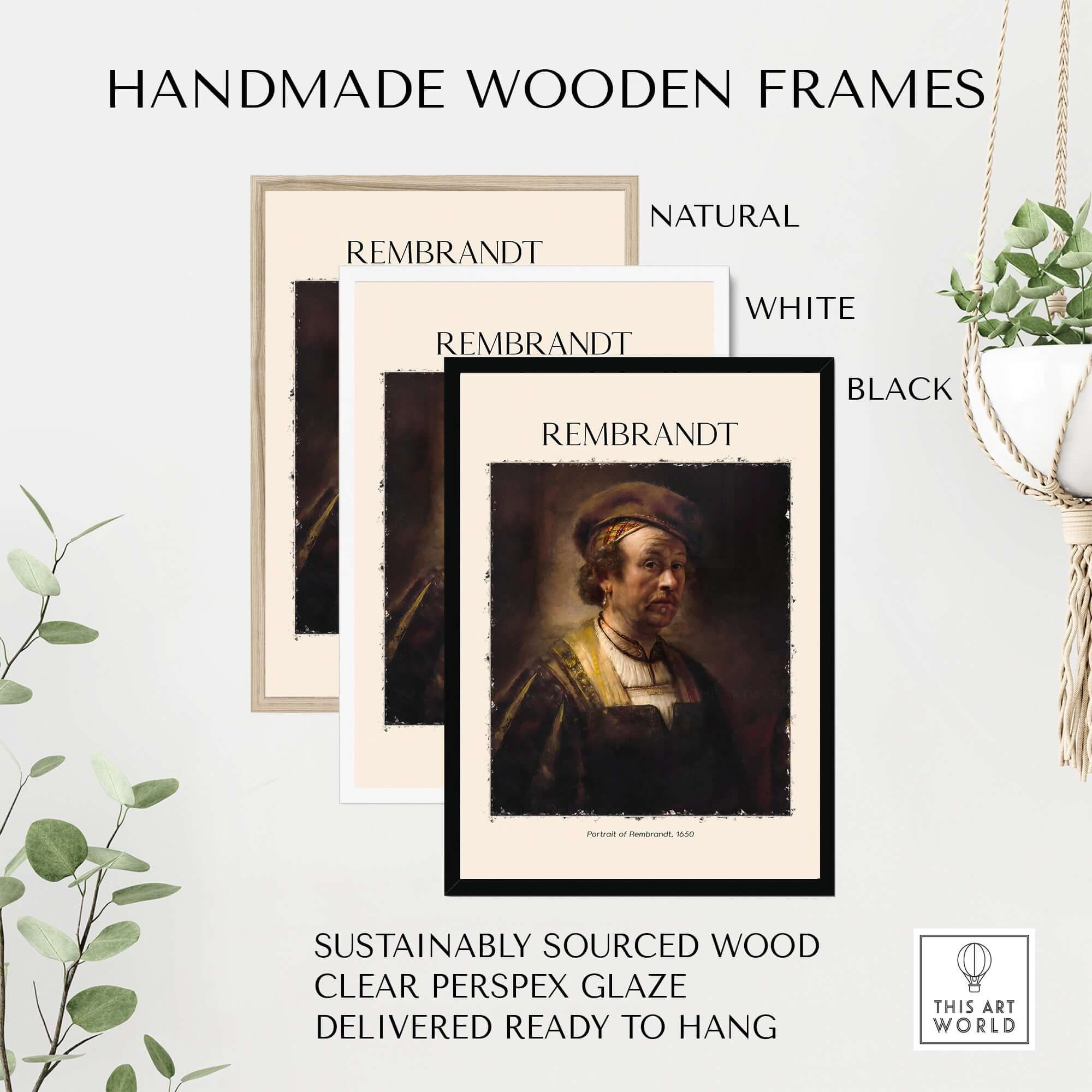 Handmade wooden frames for Rembrandt Self Portrait 1650 Dutch Master Painter Art Print Poster Wall Decor in natural, white, and black.