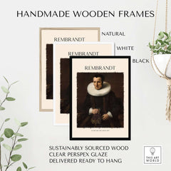Handmade wooden frames for Rembrandt Old Lady with Book 1637 Portrait Print Dutch Golden Age Poster Art in natural, white, and black.