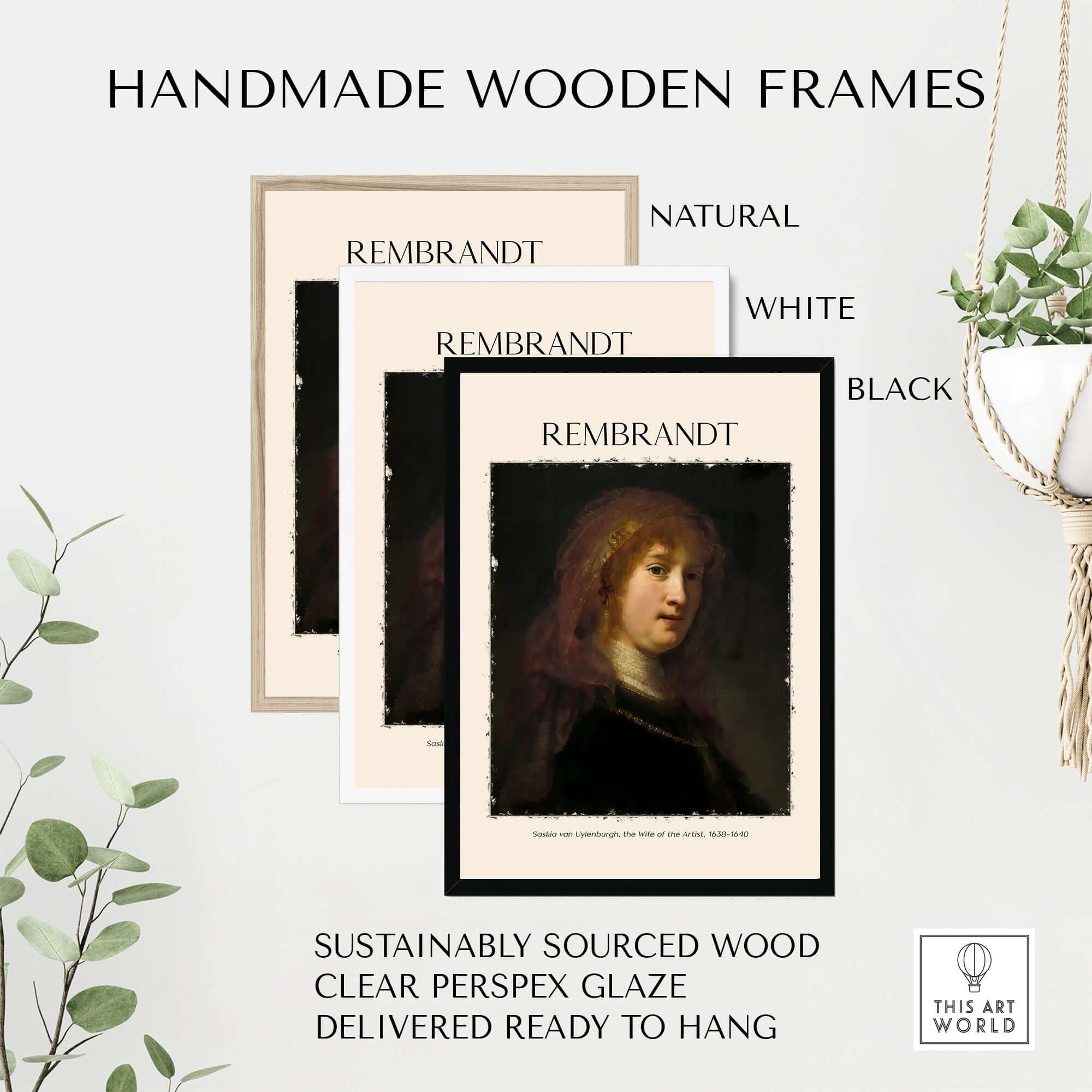 Handmade wooden frames for Rembrandt prints in natural, white, and black colors, featuring clear Perspex glaze.